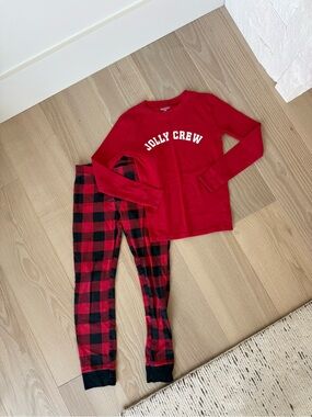 Old Navy Red Long-Sleeve 'Jolly Crew' Pajama Set with Red & Black Plaid Pants
